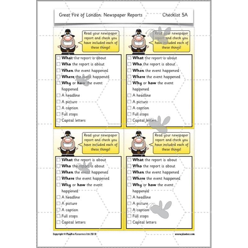 PlanBee Great Fire of London Newspaper Reports KS1 English Plans