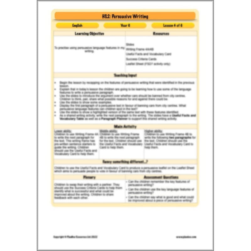 PlanBee HS2 Persuasive Writing KS2 English Planning Pack | PlanBee