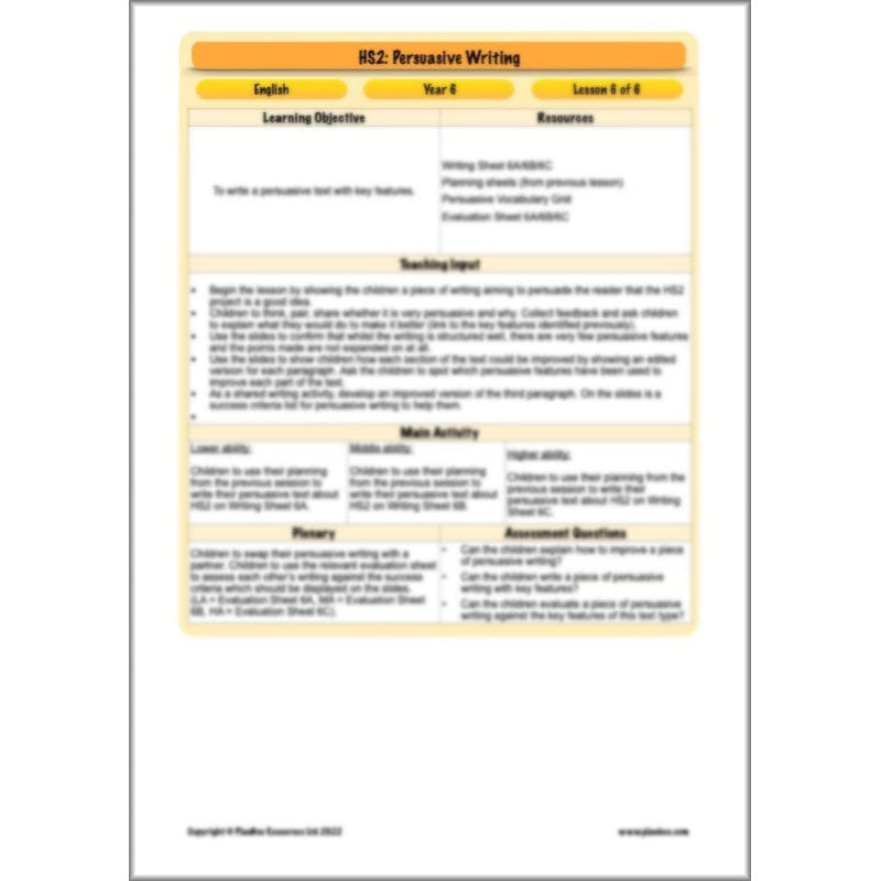 PlanBee HS2 Persuasive Writing KS2 English Planning Pack | PlanBee