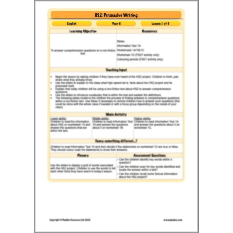 PlanBee HS2 Persuasive Writing KS2 English Planning Pack | PlanBee