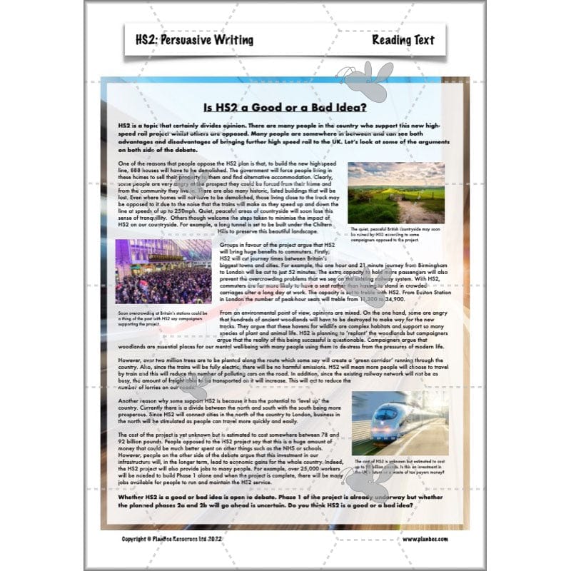 PlanBee HS2 Persuasive Writing KS2 English Planning Pack | PlanBee