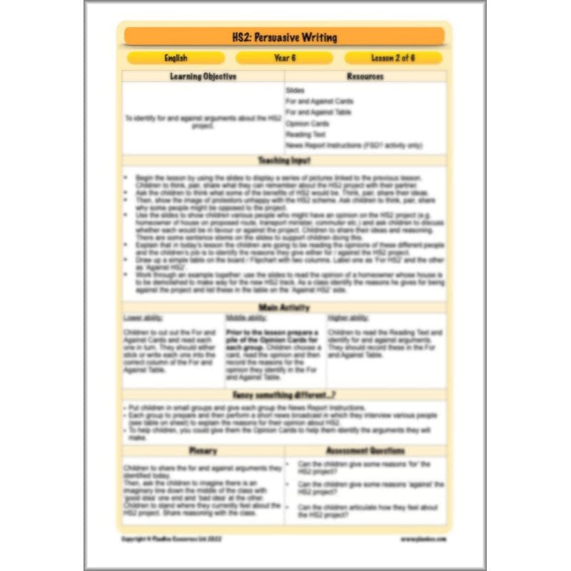 PlanBee HS2 Persuasive Writing KS2 English Planning Pack | PlanBee