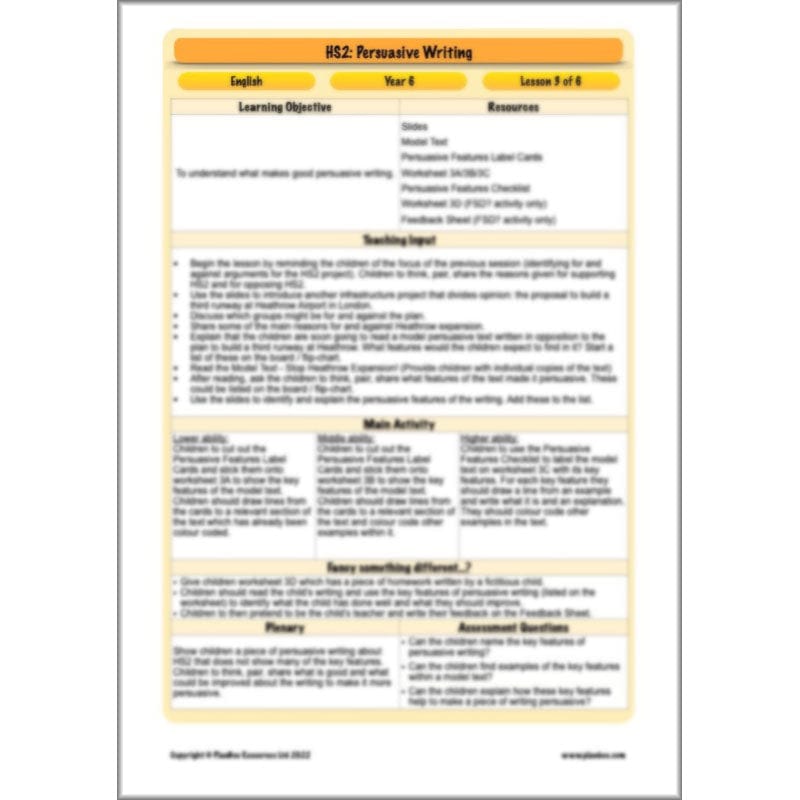 PlanBee HS2 Persuasive Writing KS2 English Planning Pack | PlanBee