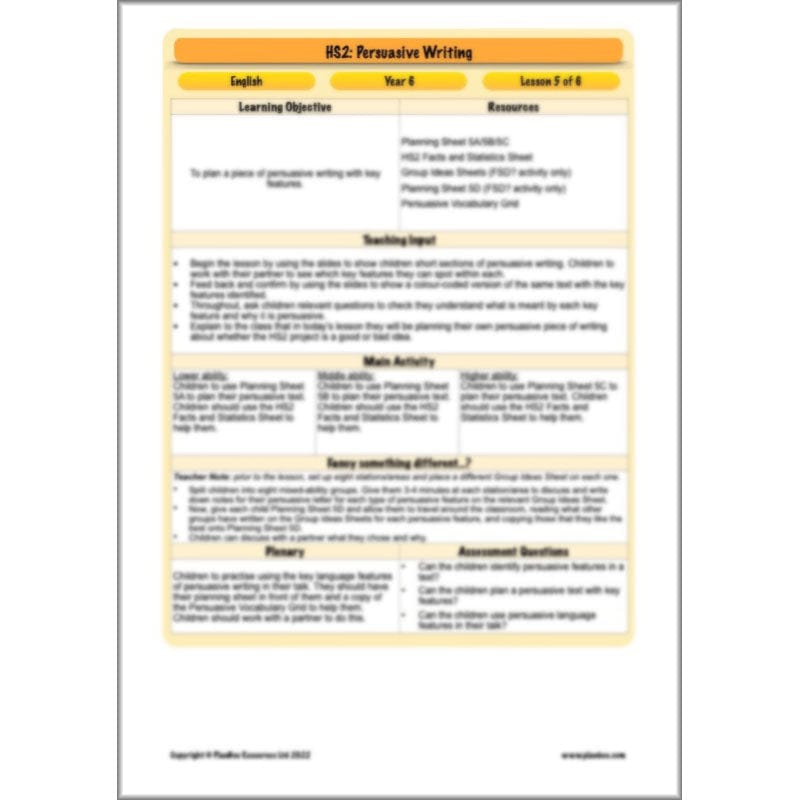 PlanBee HS2 Persuasive Writing KS2 English Planning Pack | PlanBee