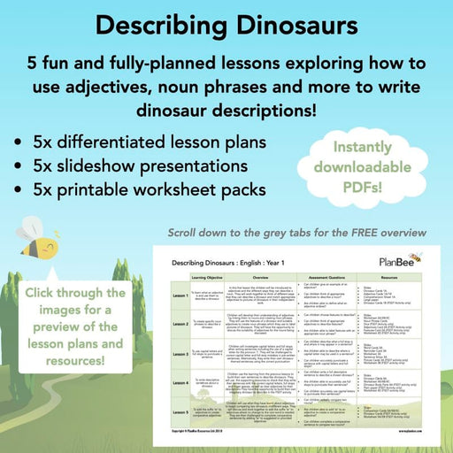 PlanBee Dinosaur Writing Activities KS1 - Dinosaur Adjective Lessons