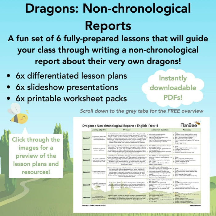 PlanBee Dragons KS2 Resources| Non-chronological Reports Year 4