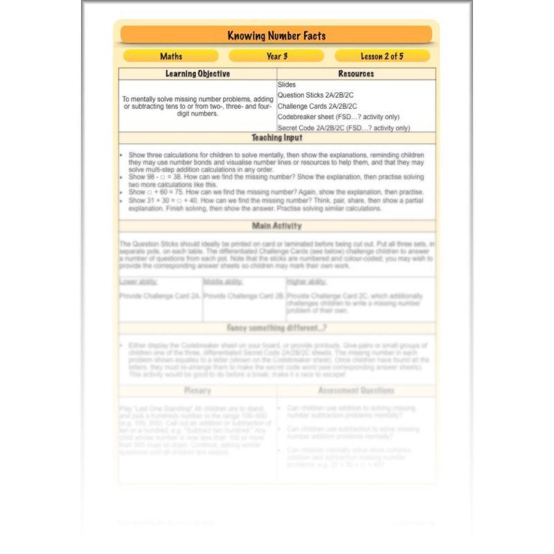 PlanBee Knowing Number Facts: Addition & Subtraction - Year 3 Maths Lessons