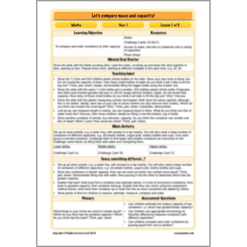PlanBee Let’s compare mass and capacity - Year 1 Maths planning pack