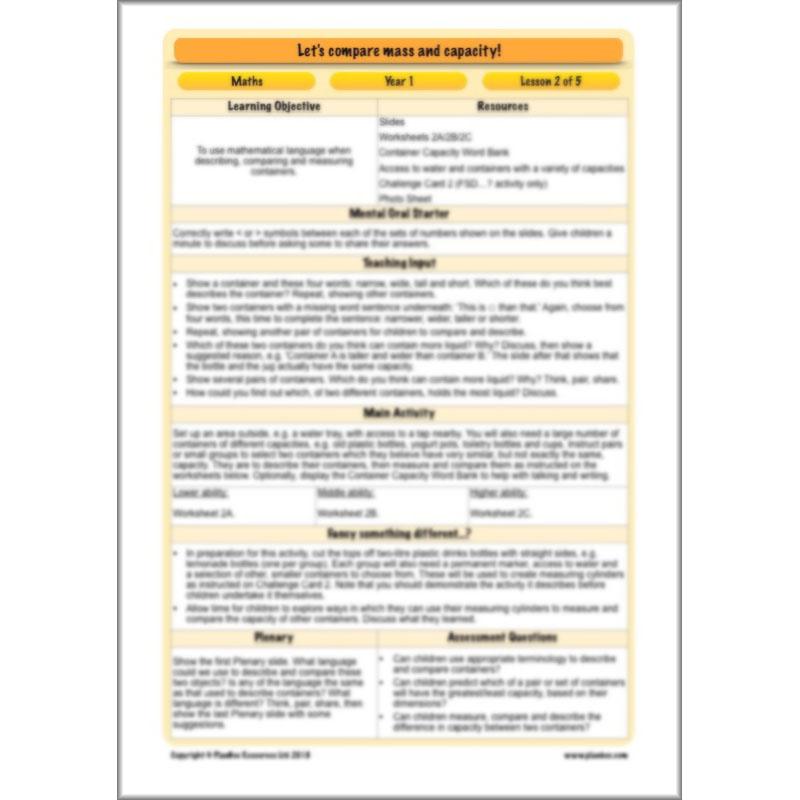 PlanBee Let’s compare mass and capacity - Year 1 Maths planning pack