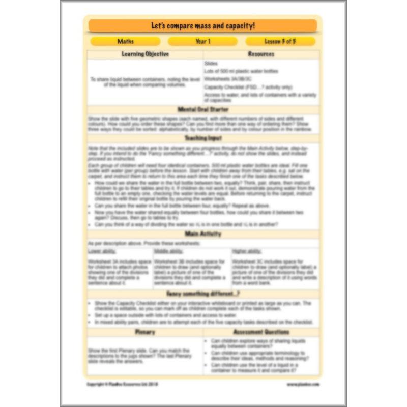 PlanBee Let’s compare mass and capacity - Year 1 Maths planning pack