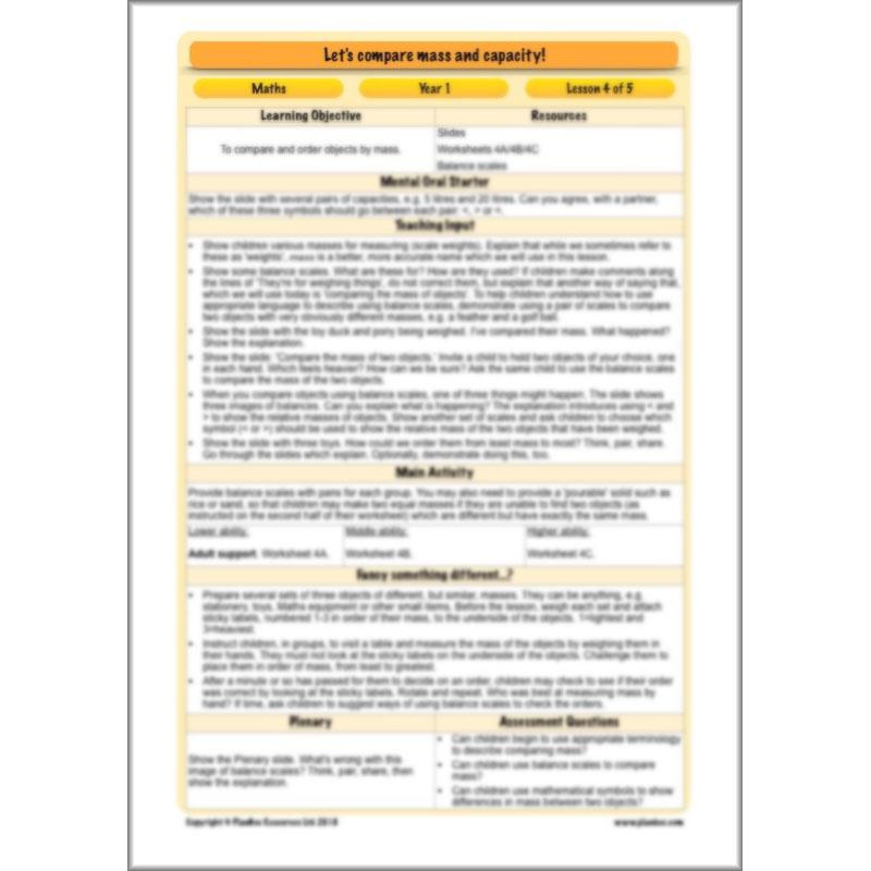 PlanBee Let’s compare mass and capacity - Year 1 Maths planning pack