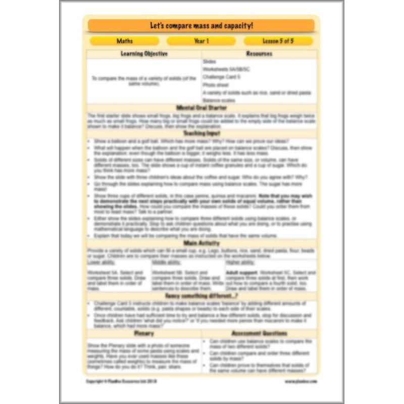 PlanBee Let’s compare mass and capacity - Year 1 Maths planning pack
