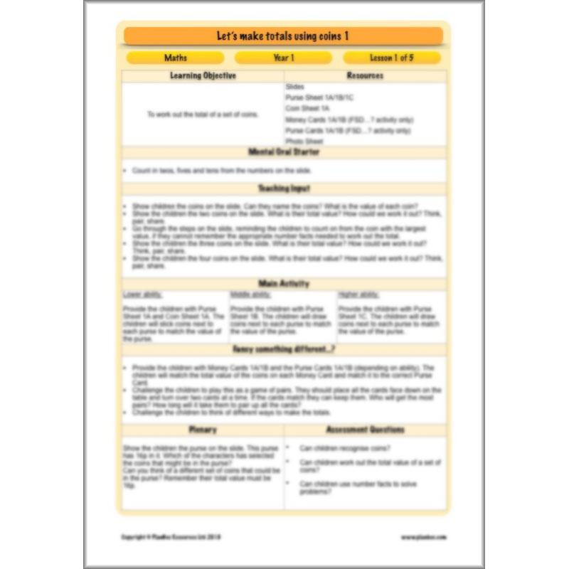 PlanBee Let’s make totals using coins 1 -  Year 1 Key Stage 1 Maths plans