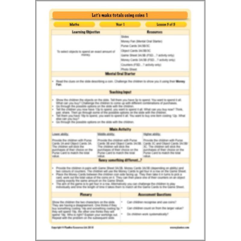 PlanBee Let’s make totals using coins 1 -  Year 1 Key Stage 1 Maths plans