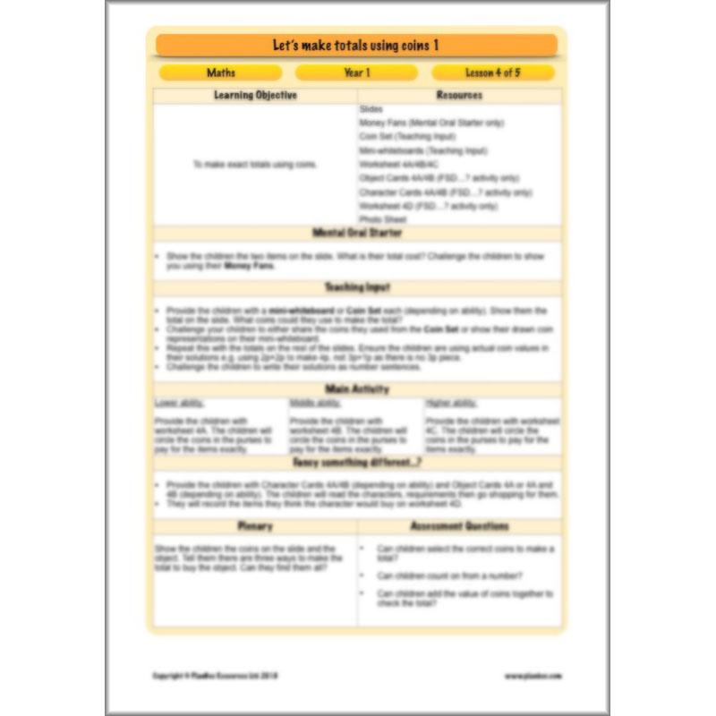 PlanBee Let’s make totals using coins 1 -  Year 1 Key Stage 1 Maths plans