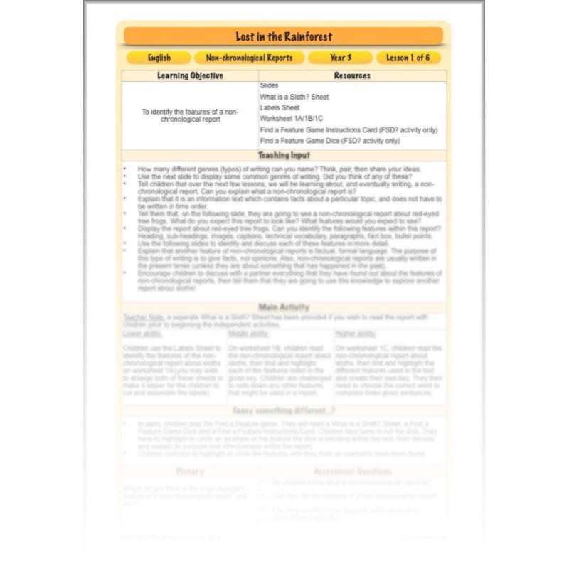 PlanBee Lost in the Rainforest: Non chronological Reports Year 3 English Plans & Resources