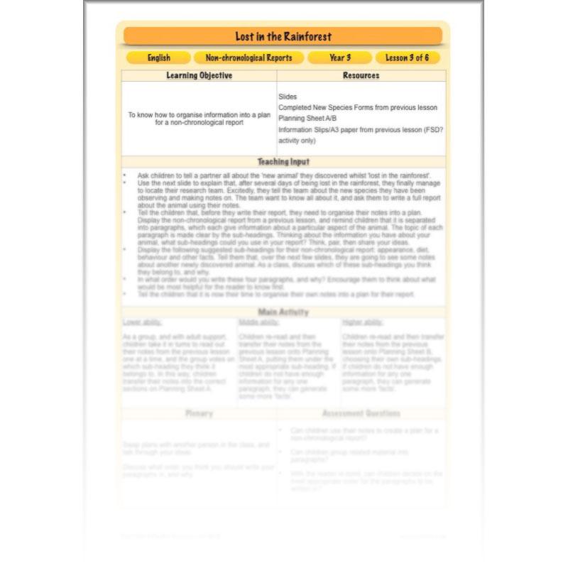 PlanBee Lost in the Rainforest: Non chronological Reports Year 3 English Plans & Resources