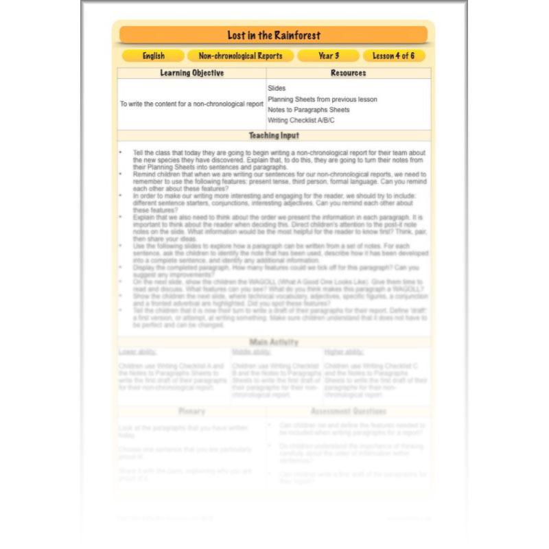 PlanBee Lost in the Rainforest: Non chronological Reports Year 3 English Plans & Resources