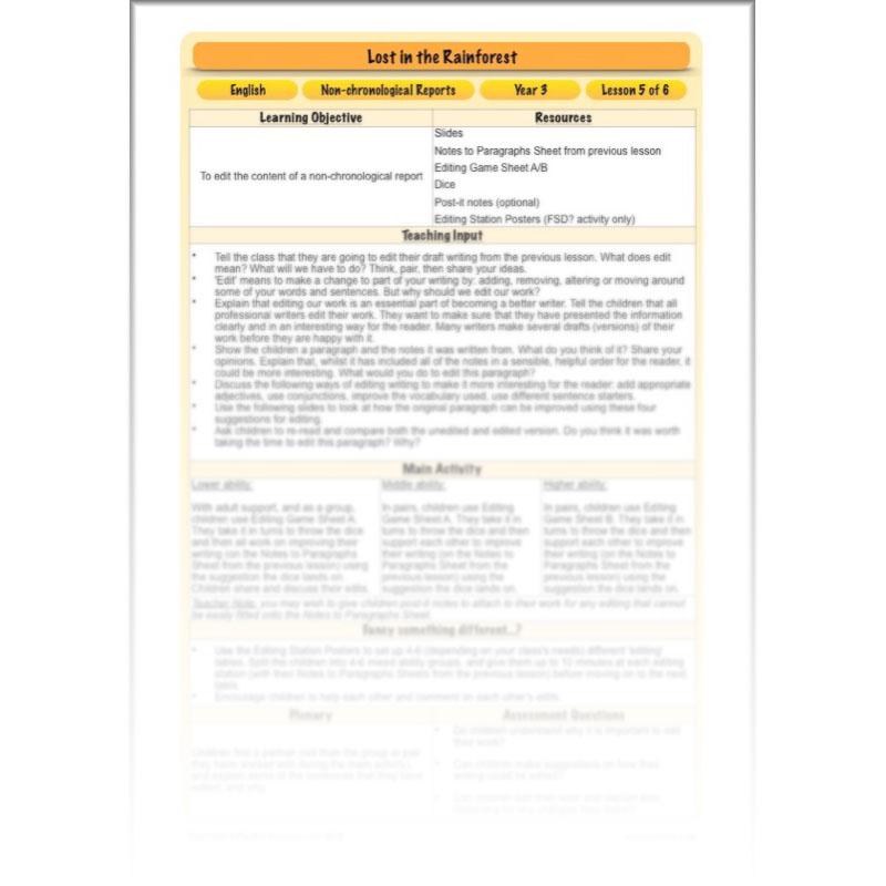 PlanBee Lost in the Rainforest: Non chronological Reports Year 3 English Plans & Resources