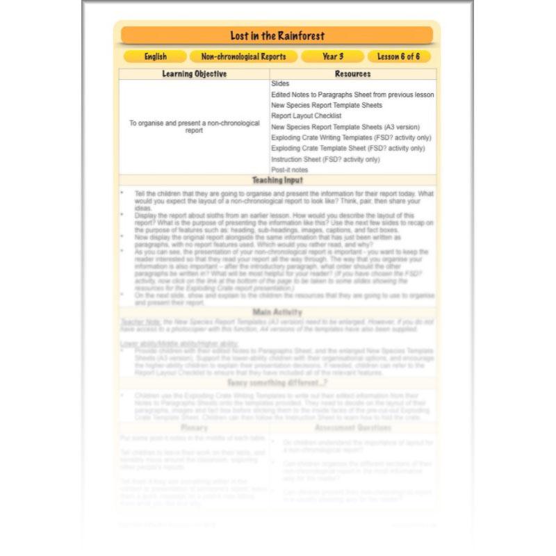 PlanBee Lost in the Rainforest: Non chronological Reports Year 3 English Plans & Resources