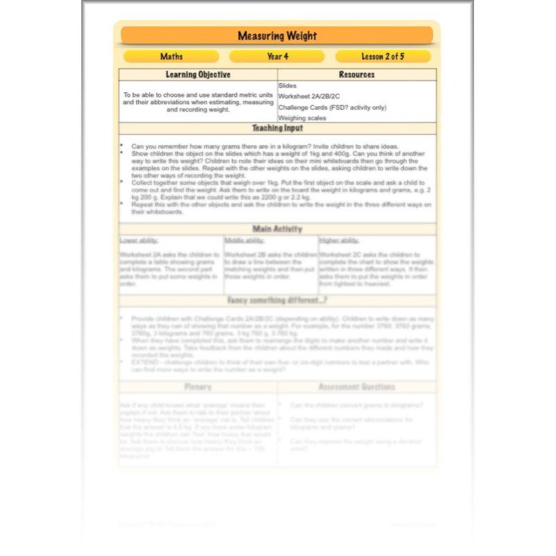 PlanBee Measuring Weight - Measurement: Primary Year 4 Maths Planning KS2