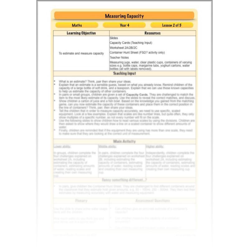 PlanBee Measuring Capacity Year 4 Maths Lesson Planning Pack
