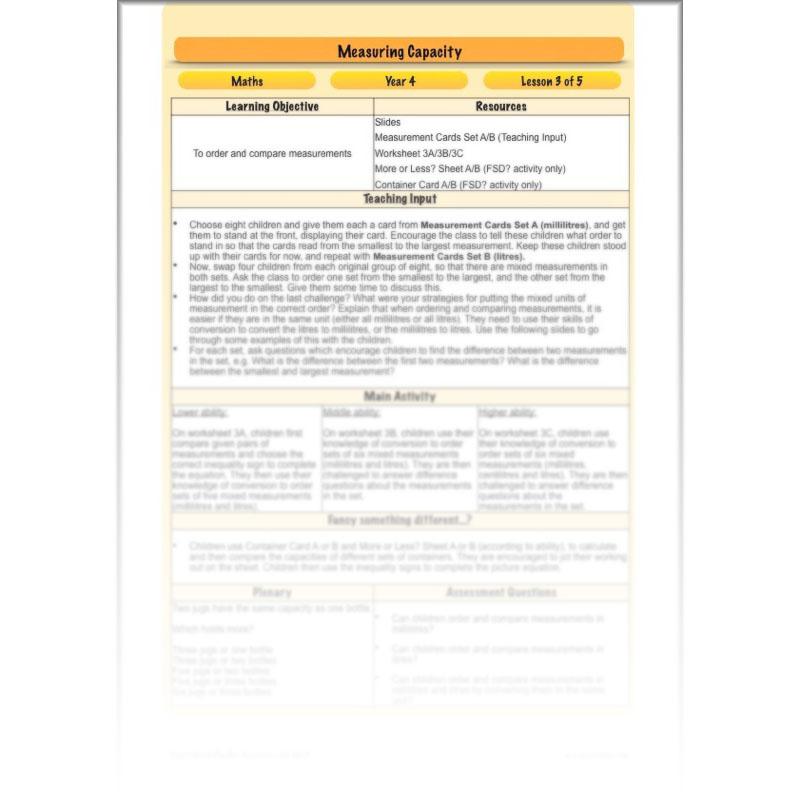 PlanBee Measuring Capacity Year 4 Maths Lesson Planning Pack