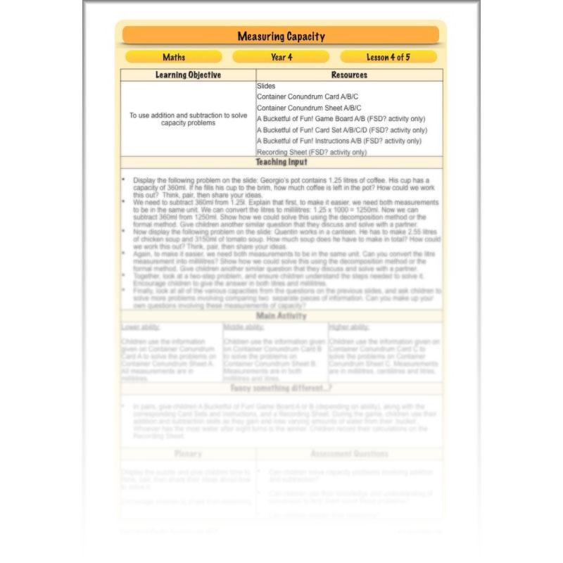 PlanBee Measuring Capacity Year 4 Maths Lesson Planning Pack