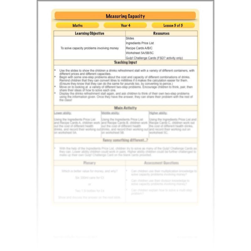 PlanBee Measuring Capacity Year 4 Maths Lesson Planning Pack