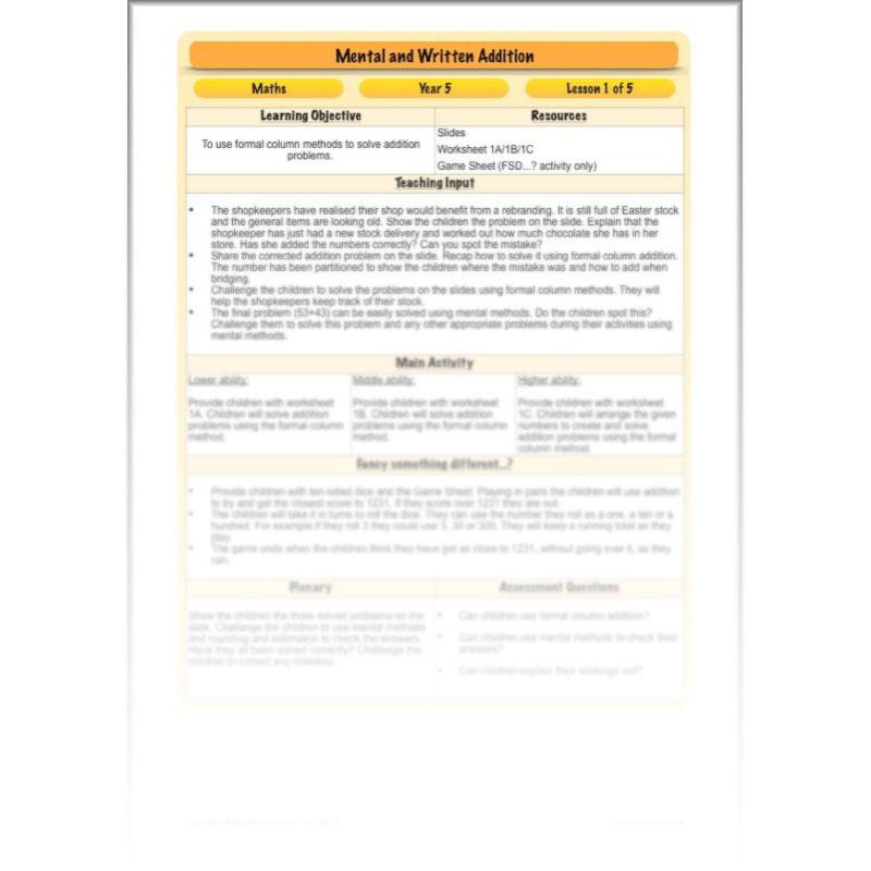PlanBee Mental & Written Addition - Year 5 Maths Planning - PlanBee