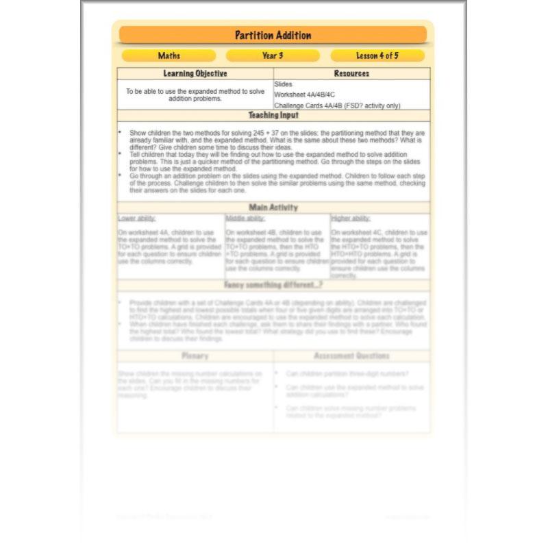 PlanBee Partition Addition: Year 3 Primary Maths Lessons and Resources