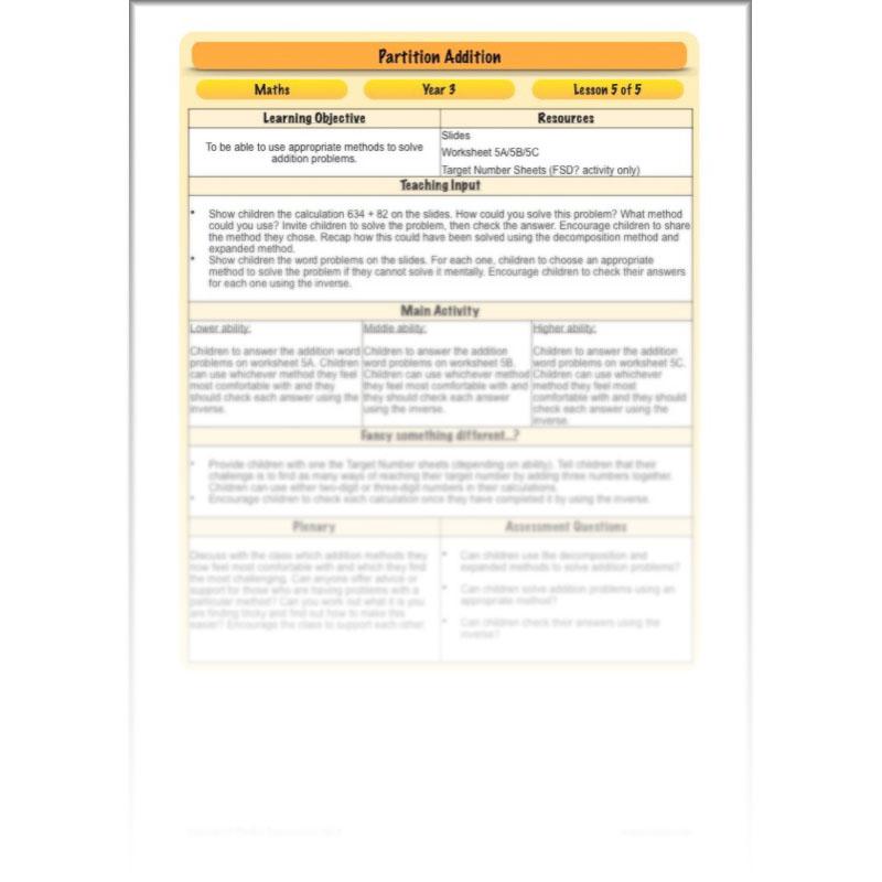 PlanBee Partition Addition: Year 3 Primary Maths Lessons and Resources