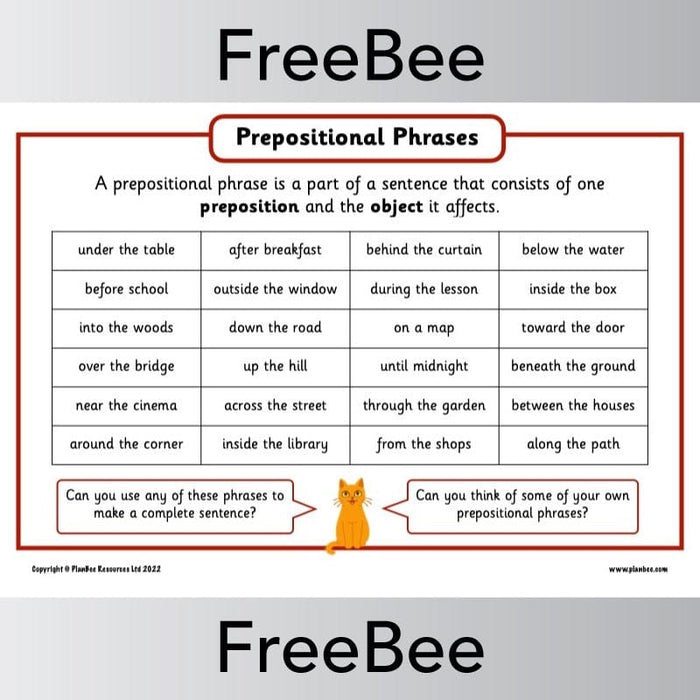 PlanBee FREE Prepositional Phrase List by PlanBee
