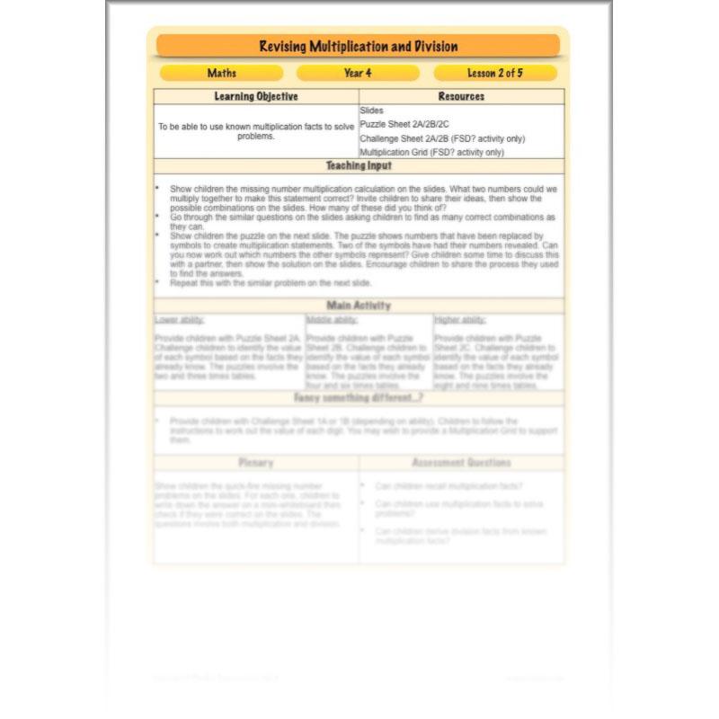 PlanBee Revising Multiplication and Division: Maths Lesson Plans for Year 4