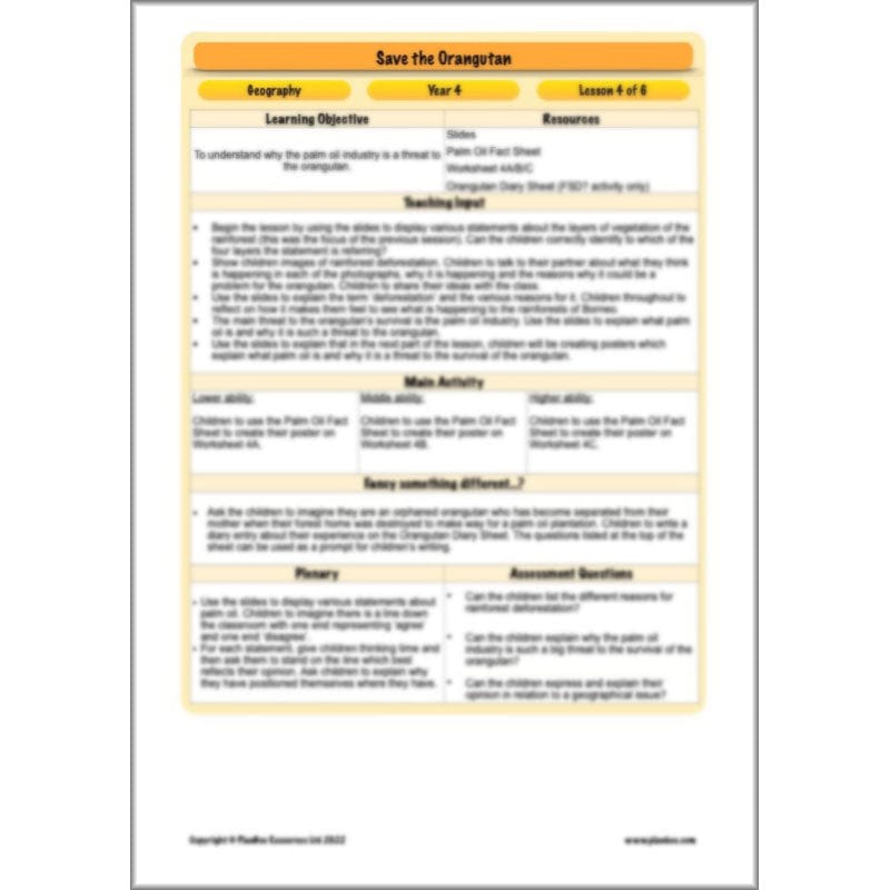 PlanBee Save the Orangutan KS2 Geography Planning Pack | PlanBee