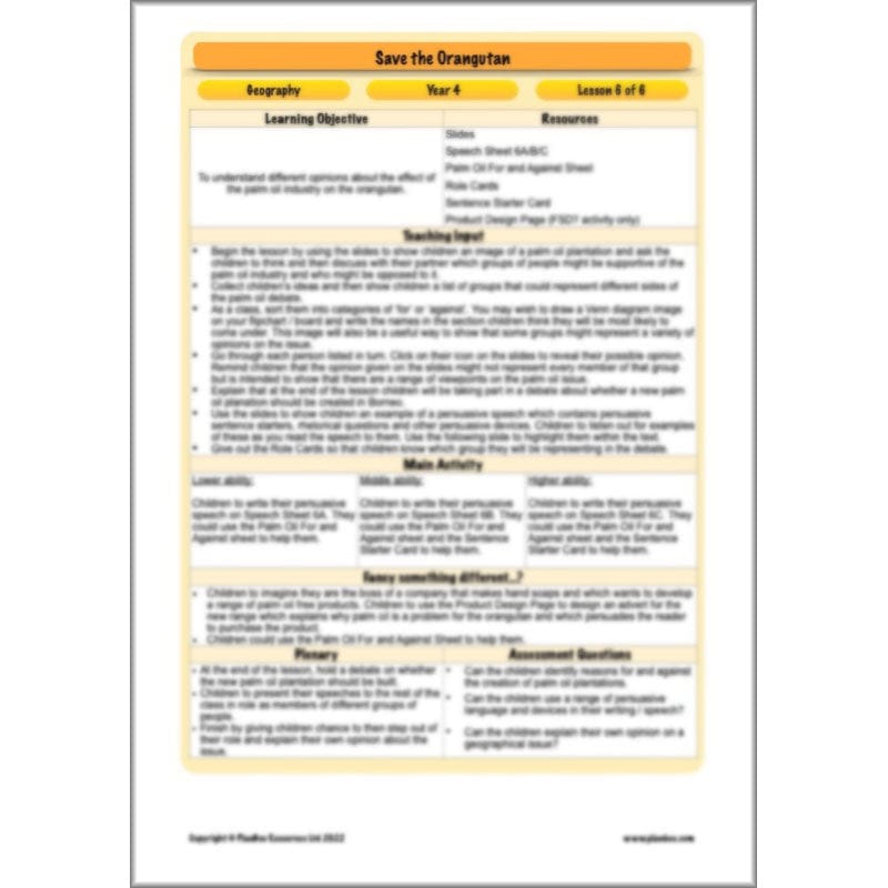 PlanBee Save the Orangutan KS2 Geography Planning Pack | PlanBee