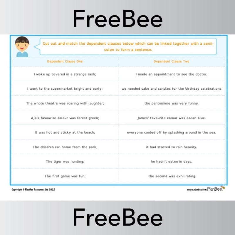 PlanBee FREE Semi-colon Sentences by PlanBee