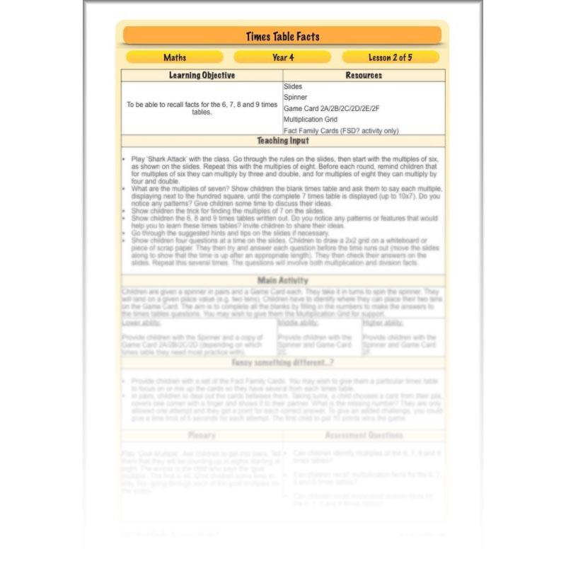 PlanBee Times Table Facts - Complete Maths Planning and Resources for Year 4