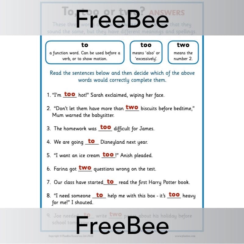PlanBee FREE To, Too, Two Worksheet by PlanBee