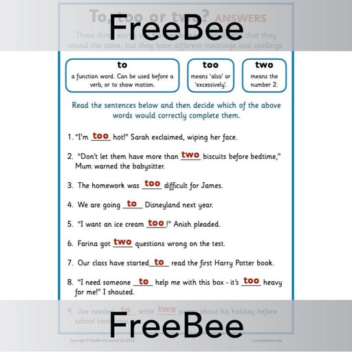 PlanBee FREE To, Too, Two Worksheet by PlanBee