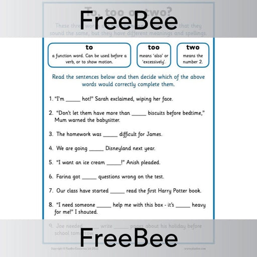 FREE To Too Two Worksheet By PlanBee