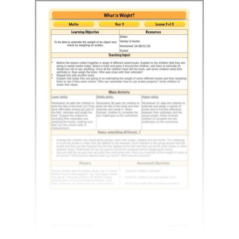 PlanBee What is Weight? Complete Primary Maths Lessons for Year 3