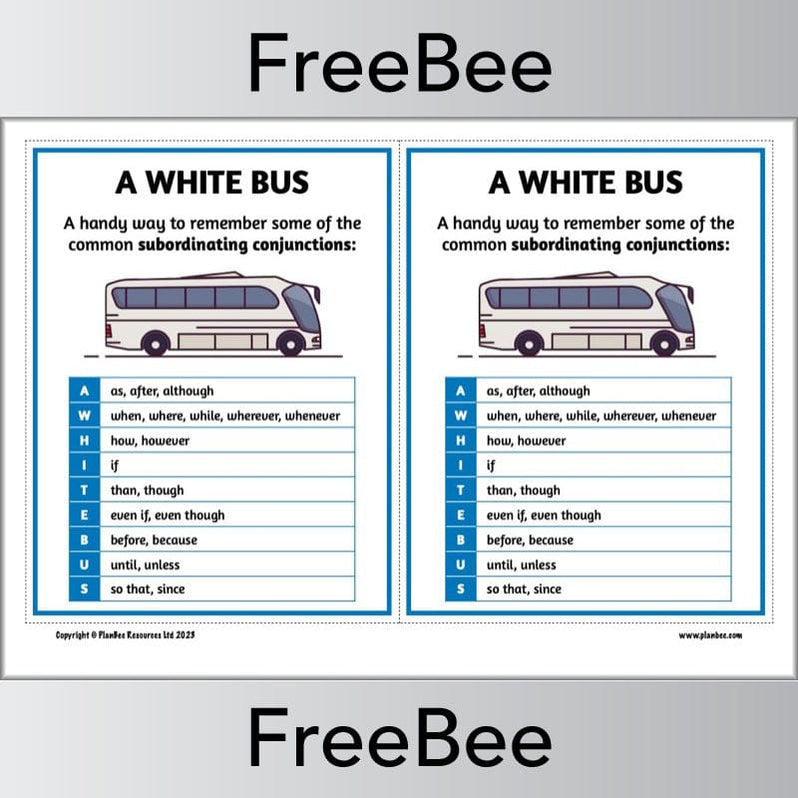 White Bus Writing FREE A White Bus Subordinating Conjunctions Cards | PlanBee