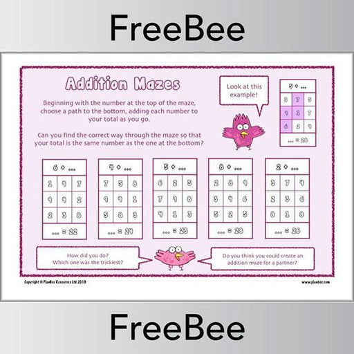 Free Addition Maze Worksheets by PlanBee