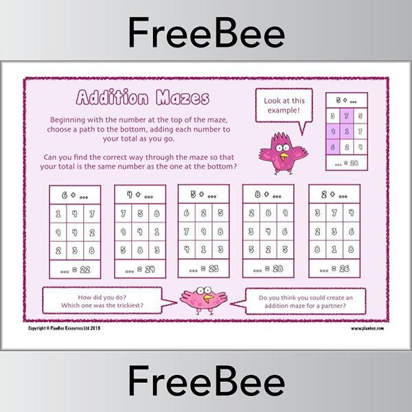 Free Addition Maze Worksheets by PlanBee
