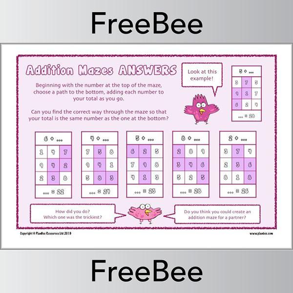 Free Addition Maze Worksheets Answers by PlanBee