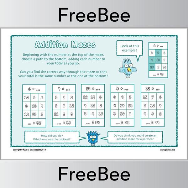 Free Addition Maze Worksheets by PlanBee