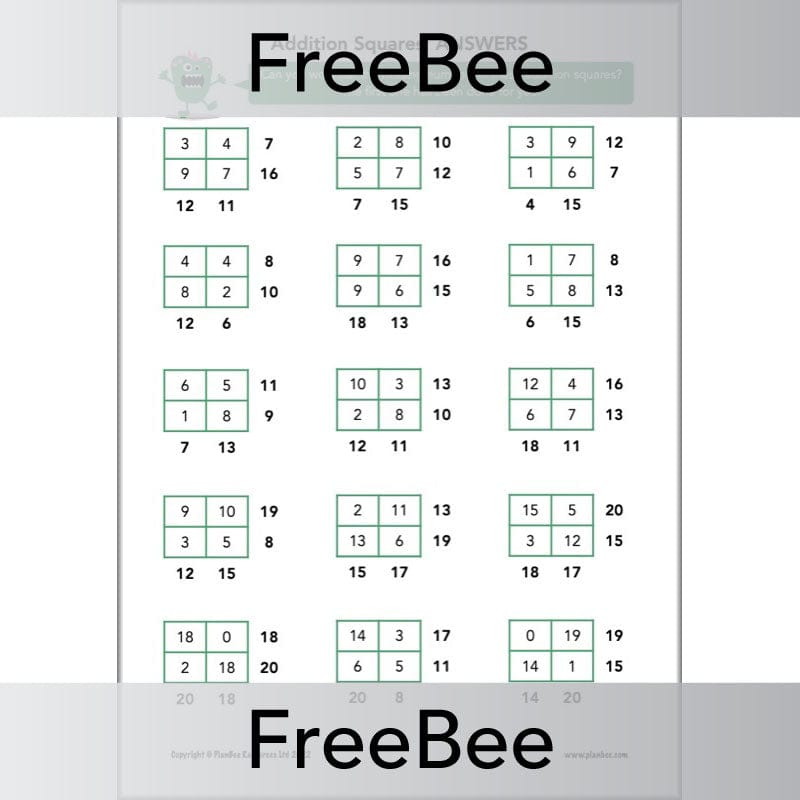 PlanBee FREE Addition Squares by PlanBee