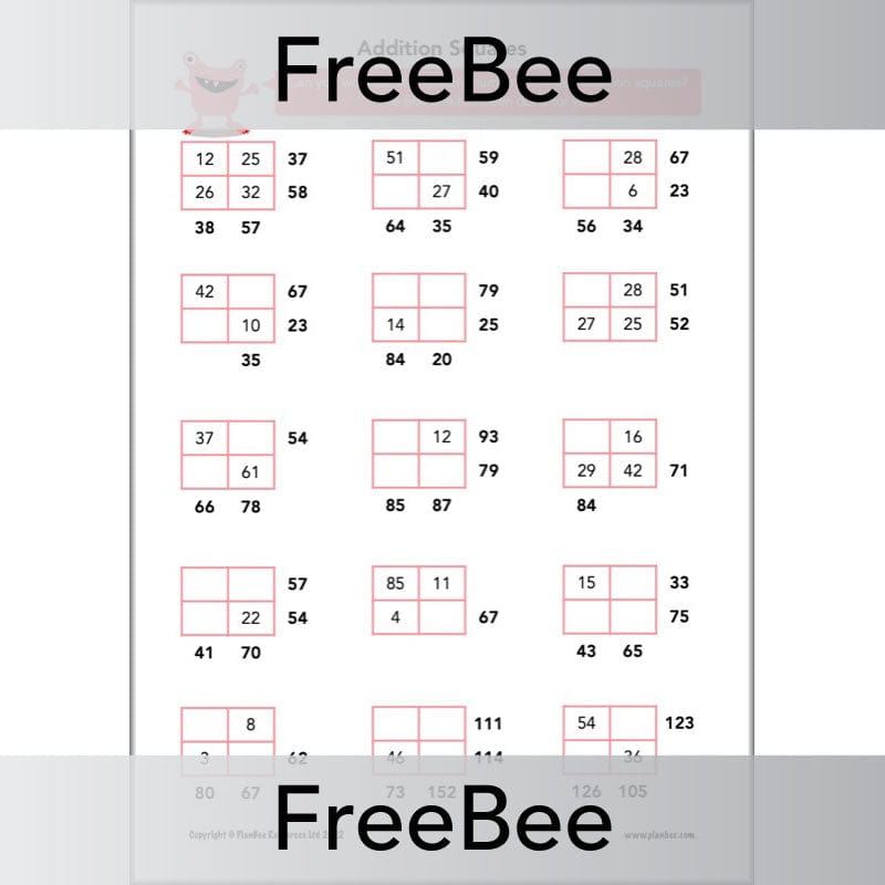 PlanBee FREE Addition Squares by PlanBee