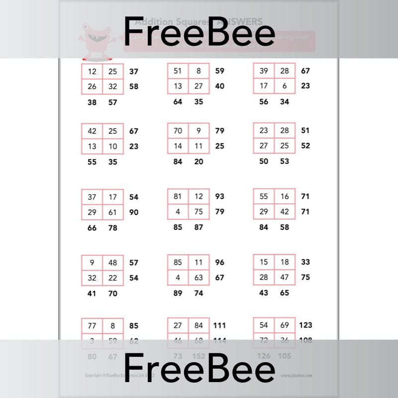 PlanBee FREE Addition Squares by PlanBee